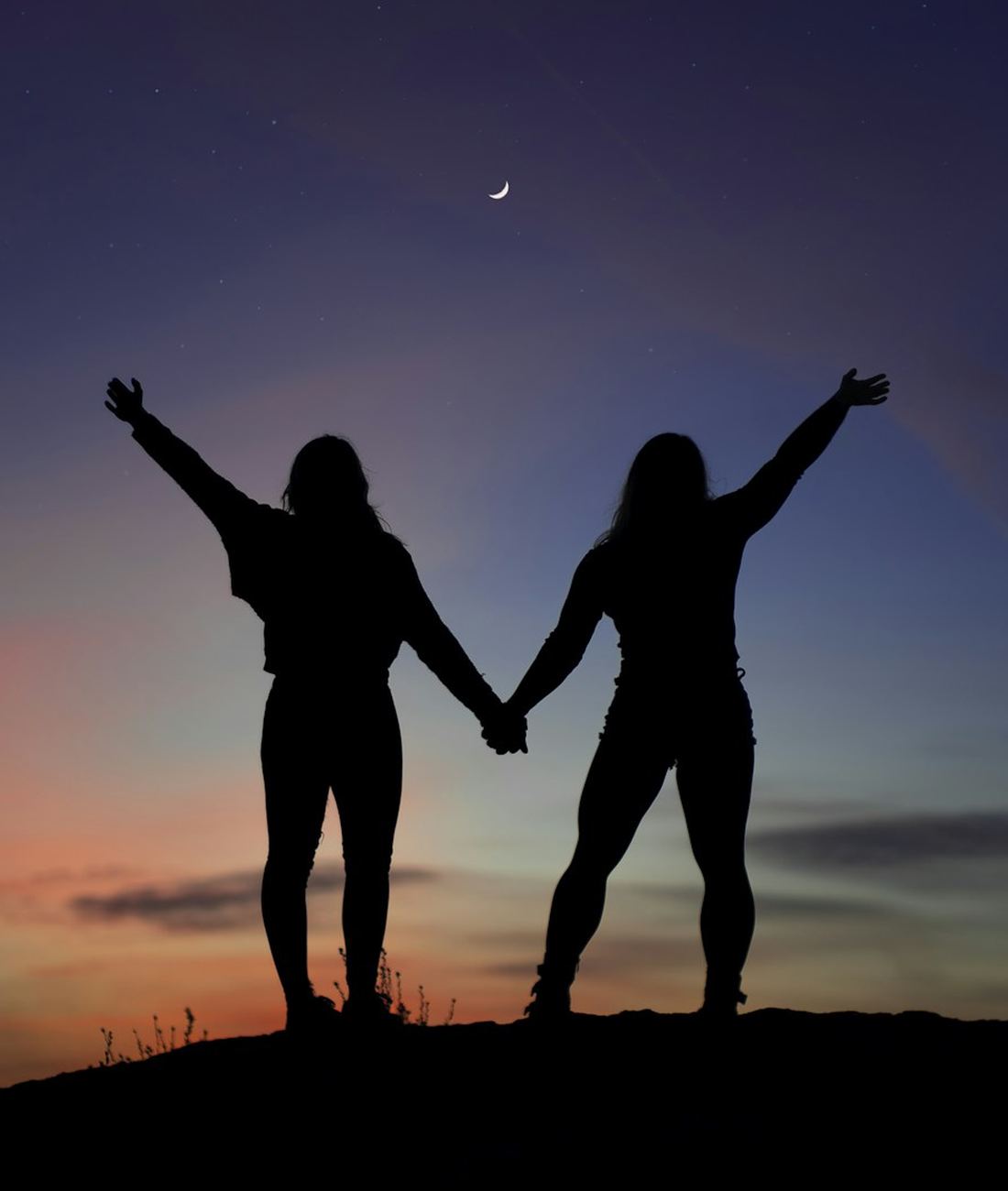 Dos siluetas tomadas de la mano al atardecer, con la luna en el cielo