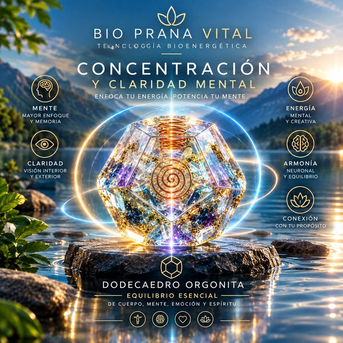 Dodecaedro Orgonita Bio Prana Vital junto a un lago de montaña, gráfica de concentración y claridad mental
