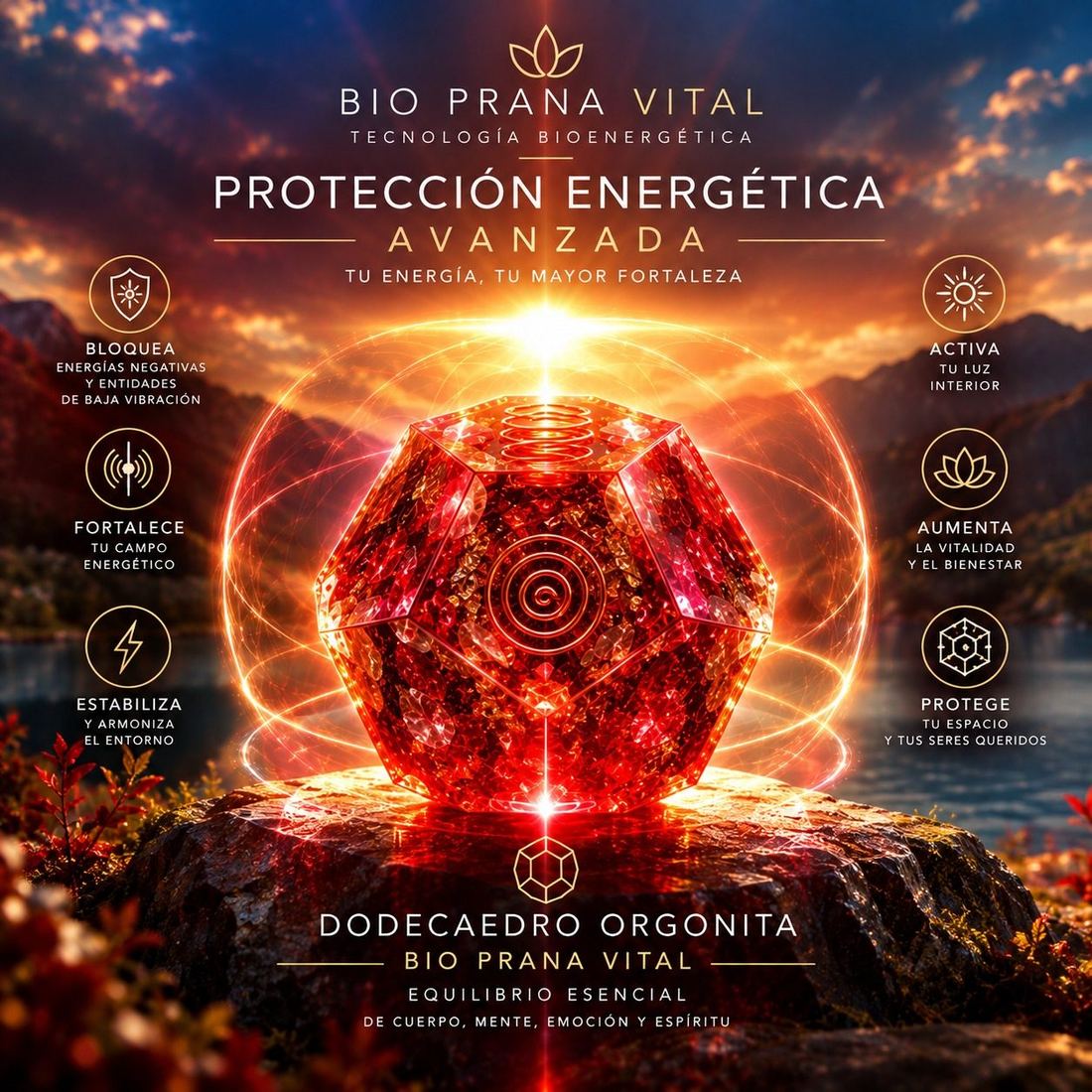 Dodecaedro Orgonita Bio Prana Vital en tonos rojos, gráfica de protección energética avanzada