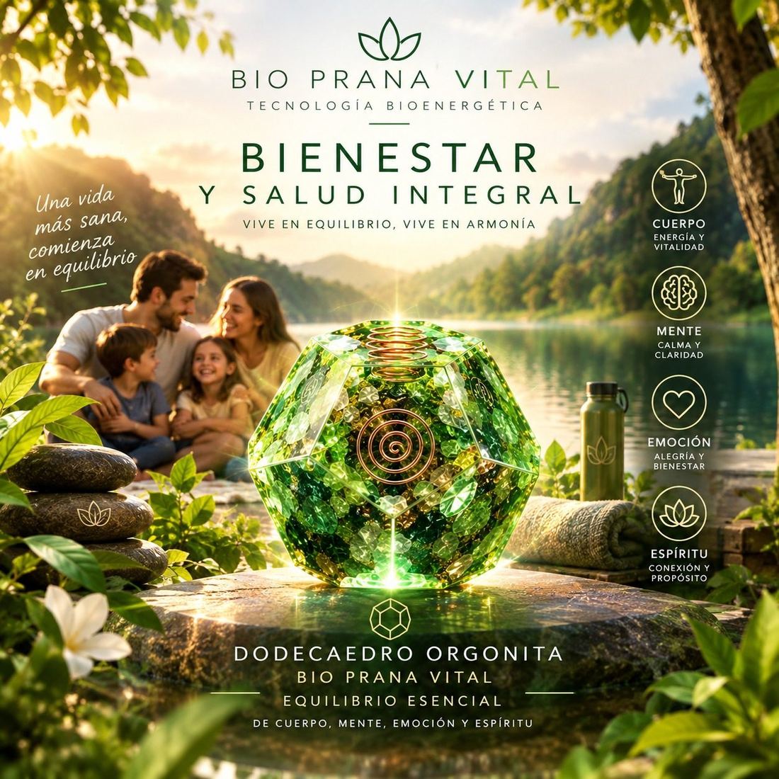 Dodecaedro Orgonita Bio Prana Vital junto a un lago, gráfica de bienestar y salud integral
