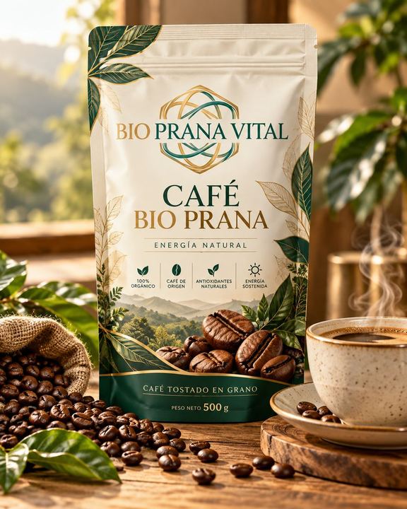 Café Bio Prana Vital en paquete junto a una taza y granos de café