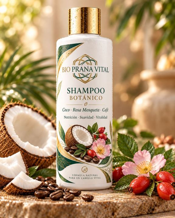 Shampoo Botánico Bio Prana Vital con coco, rosa mosqueta y café